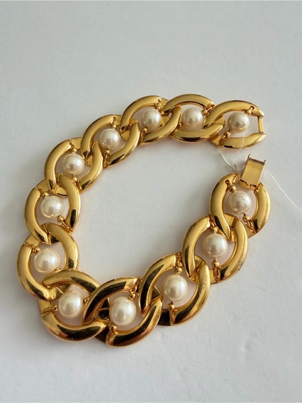 Vintage Napier Gold-Tone Link Bracelet with White Pearls